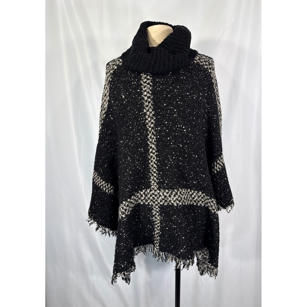 Yaira Poncho Sweater Black White Plaid Cowl Neck Knit Fringe Hem One Size O/S
